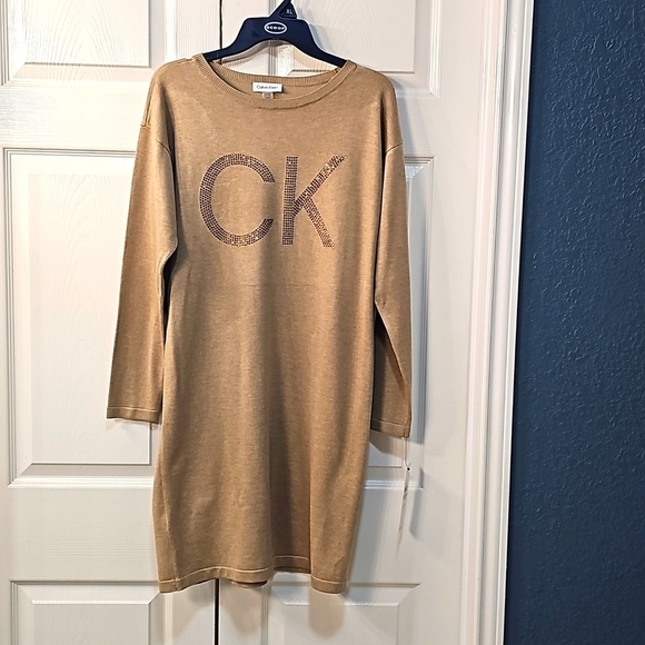 New Calvin Klein Long Sweater Dress w CK Bling Logo Tan/Gold Size SMALL - Picture 2 of 11
